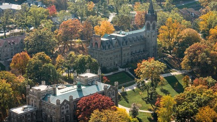 Aerial view of campus including the iconic Clayton University Center and the Linderman Library